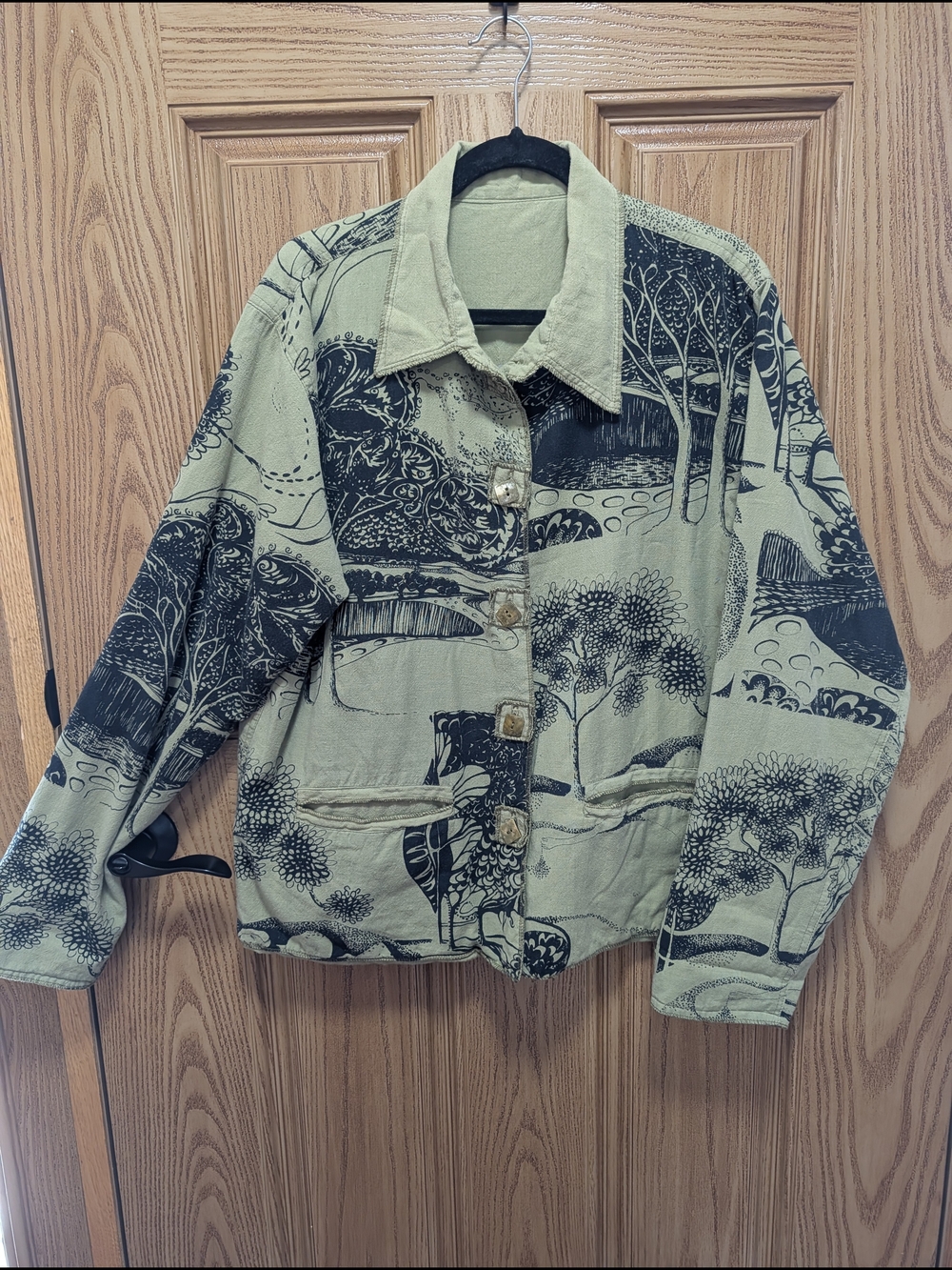 Printed Square Button-Front Hand Woven Cotton Jacket in Sage Green